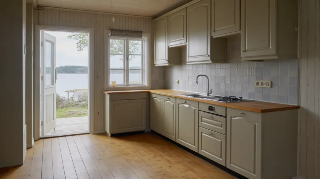 k ksmontering med stommar luckor och b nkskiva i kalmarsand b lsta