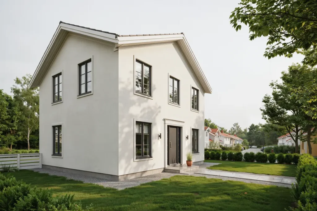 fasadrenovering av putsad villa med m lning i b lsta