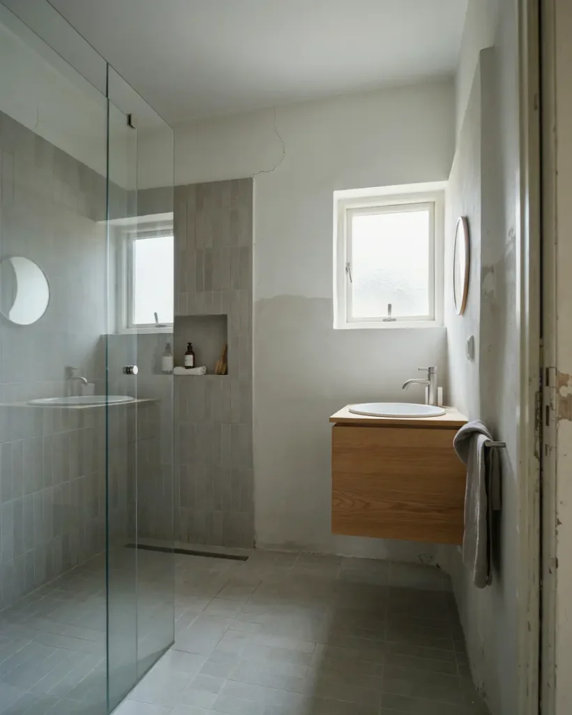 planera totalrenovering av litet badrum med walk in dusch